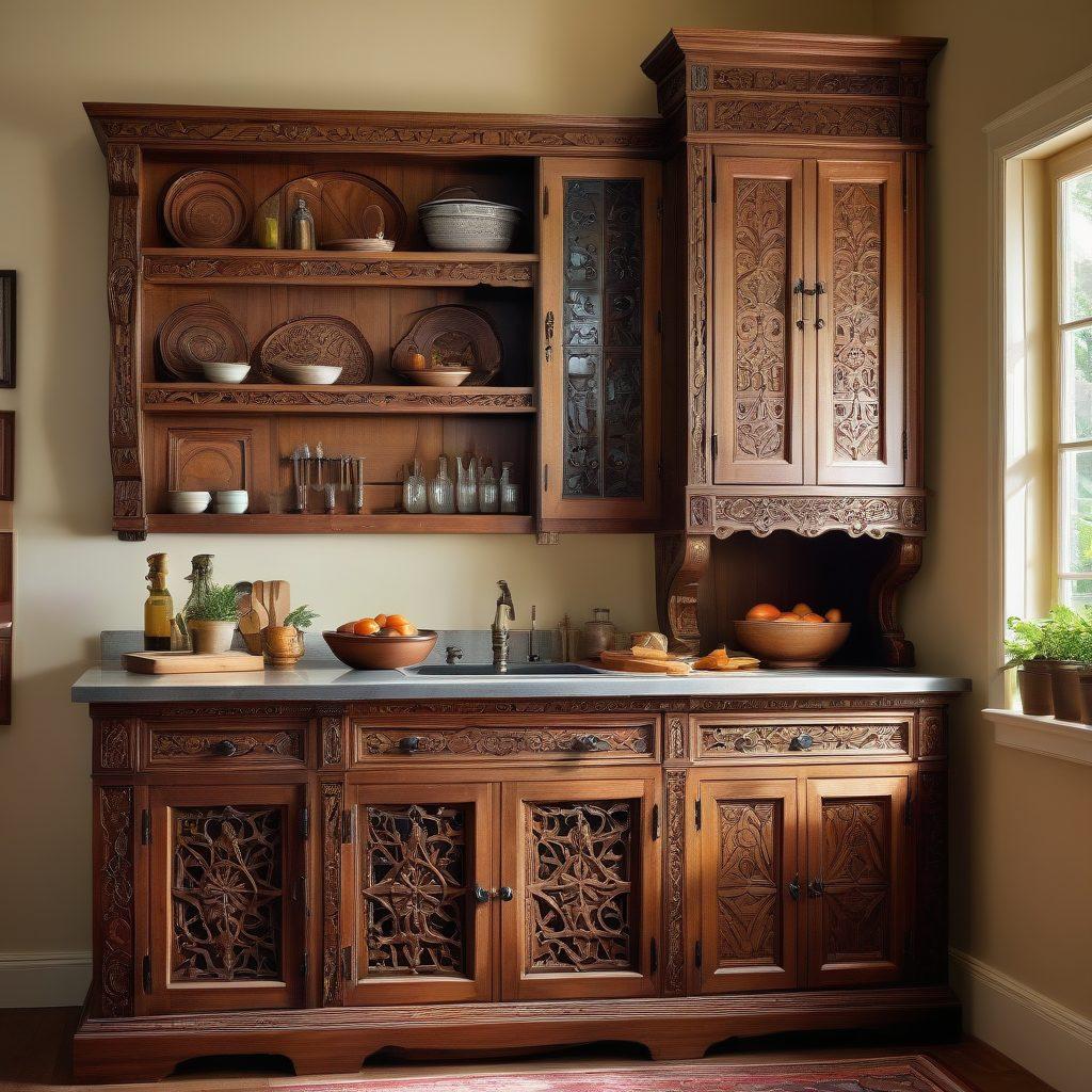 A beautifully crafted wooden cabinet showcasing intricate designs and textures, set against a cozy home environment. Include tools like a saw and chisels artistically arranged around the cabinet, with a backdrop of an inviting kitchen featuring innovative cabinetry solutions. Emphasize natural light streaming in, illuminating the details of the woodwork. vibrant colors. super-realistic.